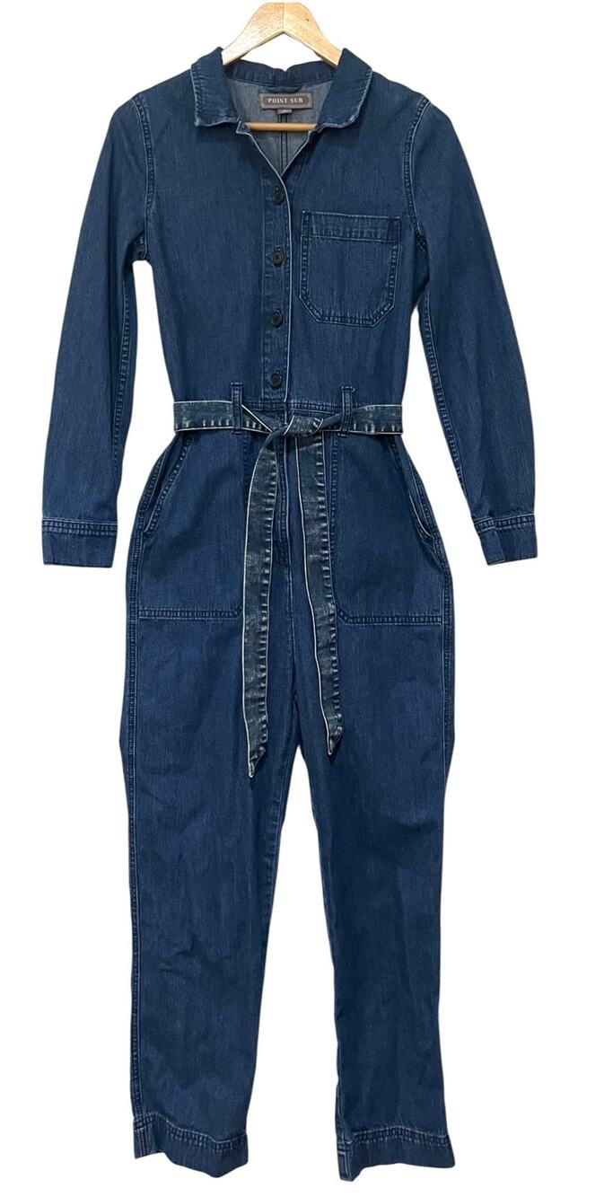 Point Sur Jumpsuit Womens 2 Blue Denim Button Front Belted Long Sleeve Utility